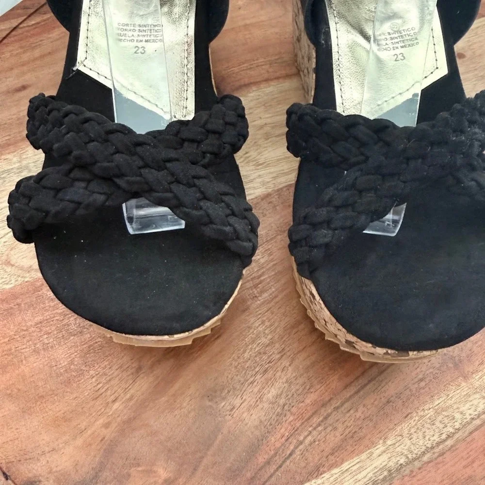 Alicia Leon Black Braided Platform Wedge Size 6 Sandals Cork Heel LIGHT WEIGHT